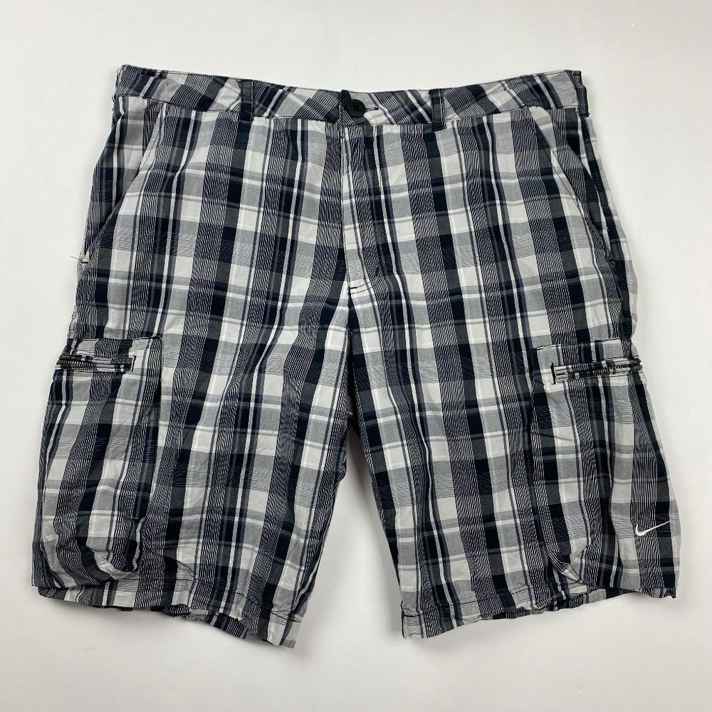 Nike Athletic Department Cargo Shorts Mens 36 Check Plaid Cotton 11" Black Gray